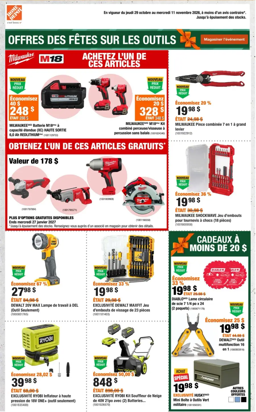 La page de couverture de la circulaire Home Depot présente une ambiance festive, axée sur les outils avec des promotions marquées pour les fêtes. Les catégories mises en avant incluent les outils électriques, les accessoires et les équipements de jardinage. On y trouve des exemples comme la batterie Milwaukee M18, des kits d'outils, et des lampes de travail. Les promotions notables incluent des économies allant jusqu'à 67 % et des offres de cadeaux gratuits avec achat.