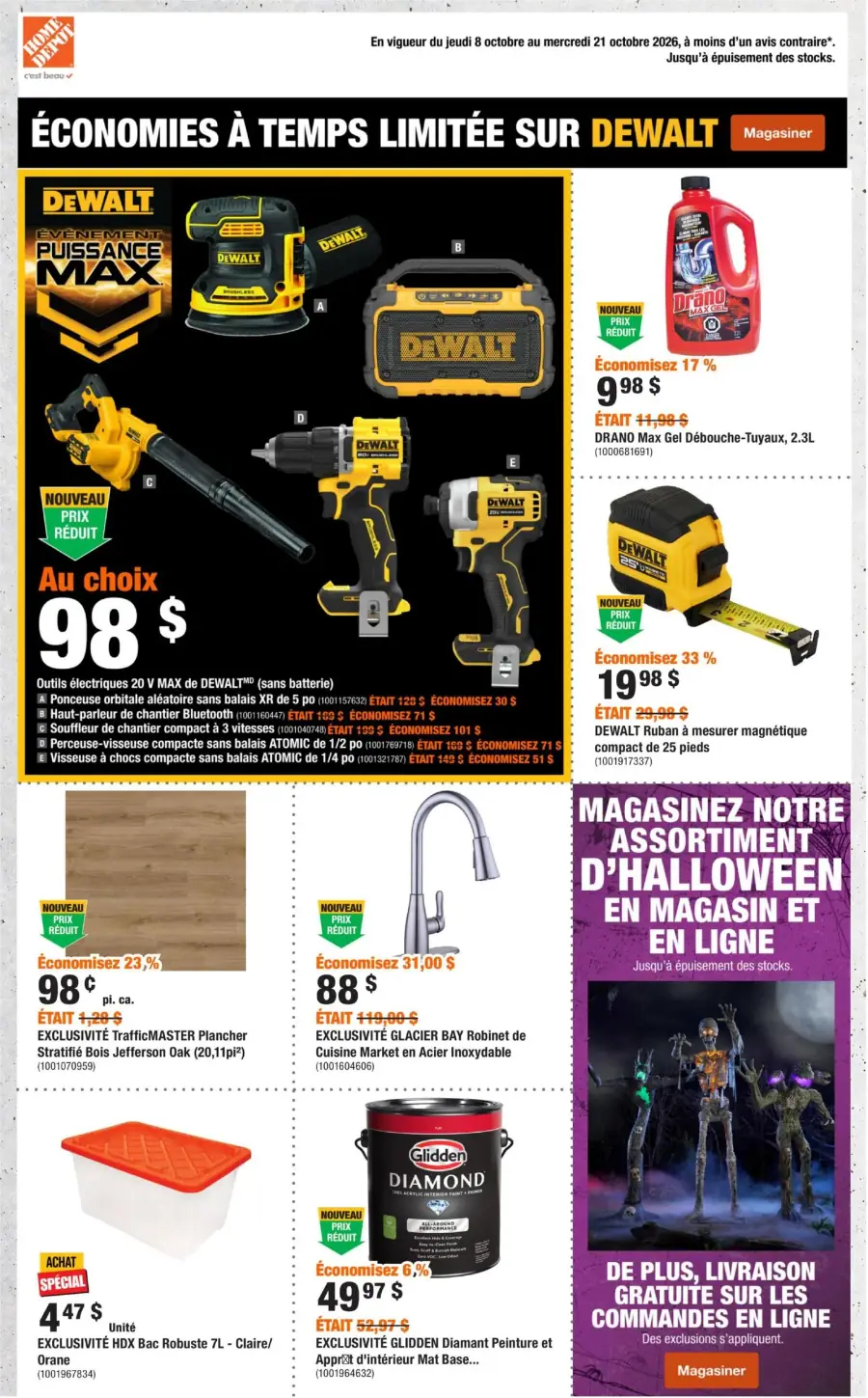 La page de couverture de la circulaire Home Depot présente une ambiance dynamique, axée sur les économies et les nouveautés. Les catégories de produits mises en avant incluent des outils électriques DeWALT, des articles de plomberie, ainsi que des matériaux de construction. Parmi les promotions importantes, on trouve des réductions sur des outils comme le perceuse-visseuse DeWALT et le robinet de cuisine Glacier Bay. Une section spéciale met également en avant l'assortiment d'Halloween disponible en magasin et en ligne.