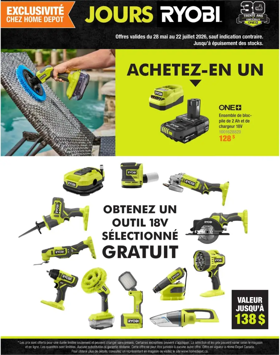 La page de couverture de la circulaire Home Depot présente une ambiance dynamique et axée sur le bricolage. Elle met en avant des outils de la marque Ryobi, avec une image d'un utilisateur en action. Les catégories de produits incluent des outils électroportatifs, des batteries et des chargeurs. On y trouve des promotions telles que l'achat d'un ensemble de bloc-pile et de chargeur, ainsi qu'une offre permettant d'obtenir un outil 18V sélectionné gratuitement, d'une valeur allant jusqu'à 138 $.