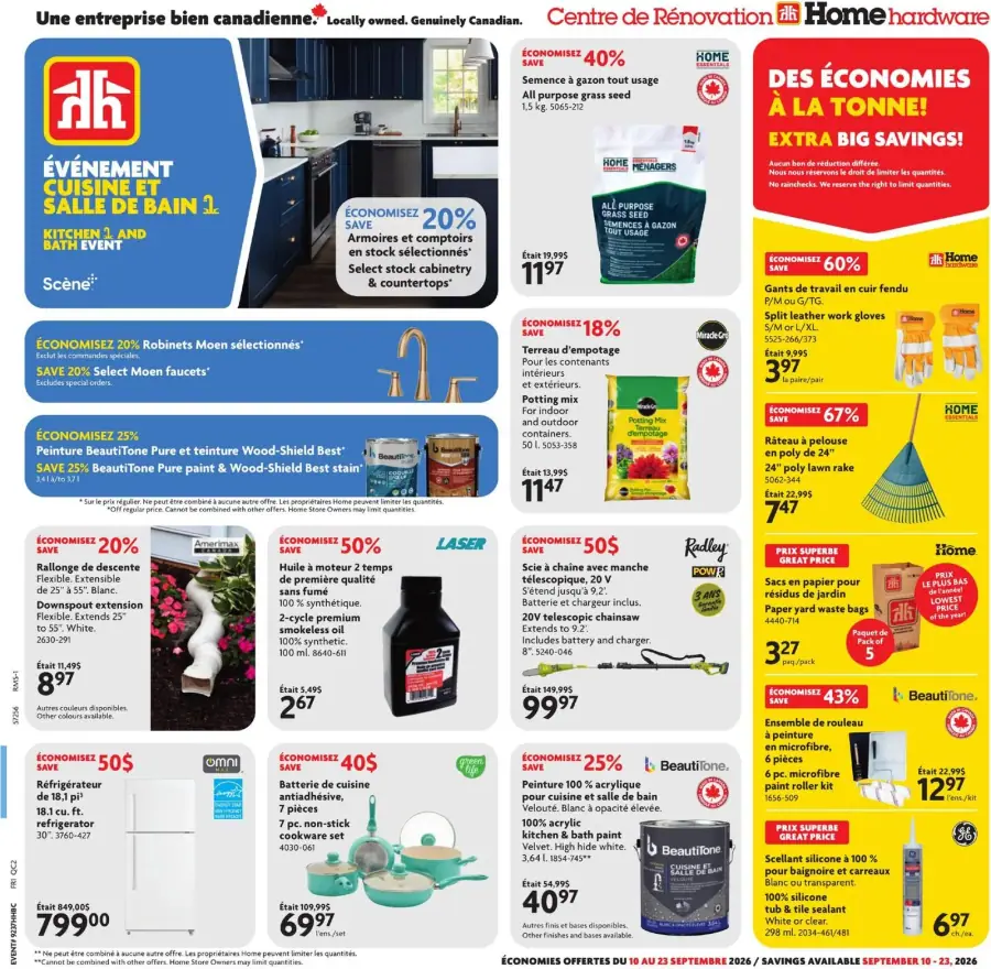 La page de couverture de la circulaire Home Hardware présente une ambiance dynamique et accueillante, mettant en avant des produits pour la cuisine et la salle de bain. On y trouve des promotions sur des armoires, des robinets et des peintures, avec des économies allant jusqu'à 67 %. Des exemples concrets incluent des robinets Moen et des peintures BeautiTone, soulignant des réductions significatives sur une sélection d'articles essentiels pour la rénovation.