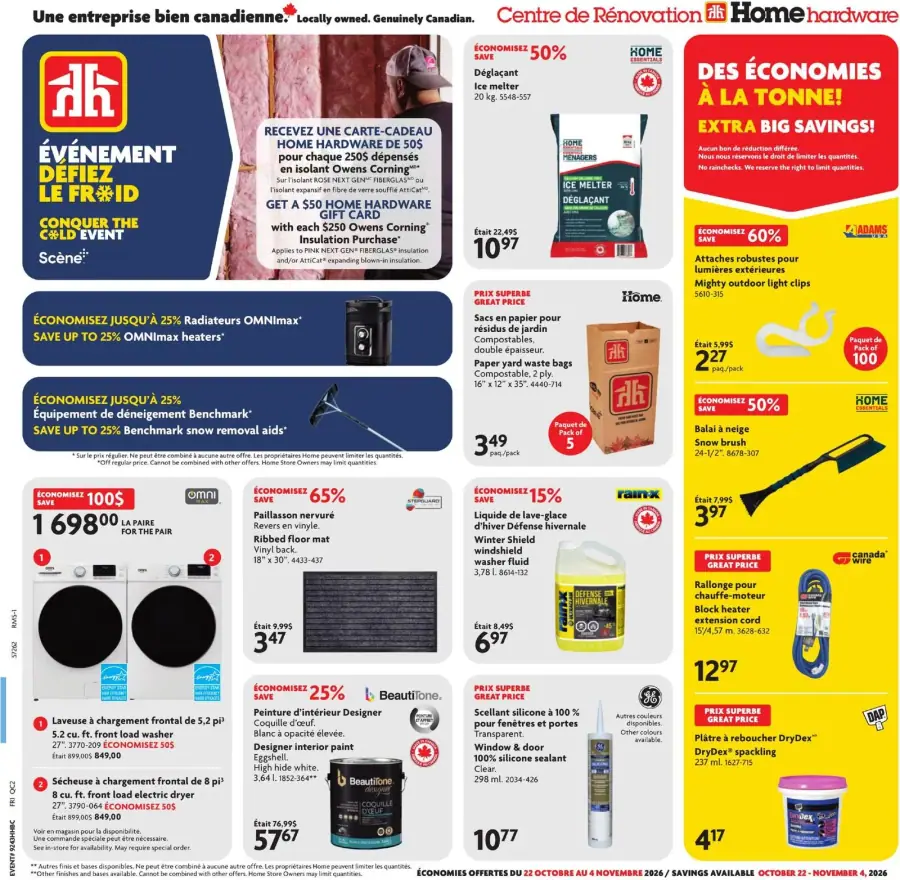 La page de couverture de la circulaire Home Hardware présente une ambiance conviviale et pratique, axée sur l'amélioration de l'habitat pour la saison froide. Les catégories de produits mises en avant incluent le chauffage, l'équipement de déneigement et les fournitures pour l'entretien extérieur. Parmi les promotions notables, on trouve des économies allant jusqu'à 25 % sur les radiateurs OMNImax et des offres sur les laveuses à chargement frontal. Des cartes-cadeaux et des remises sur divers articles sont également visibles, attirant l'attention des consommateurs.
