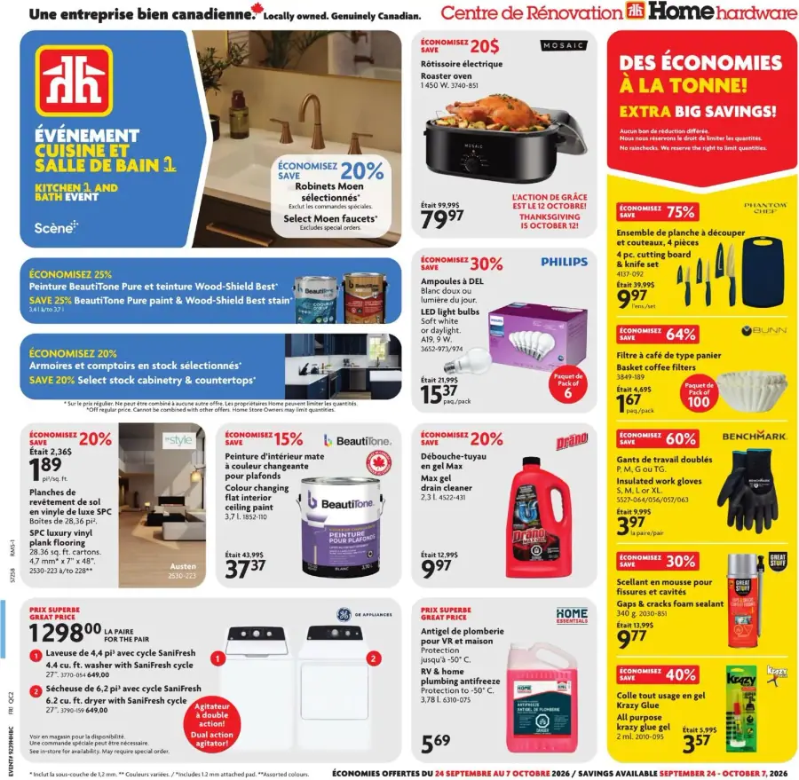 La page de couverture de la circulaire Home Hardware présente une ambiance chaleureuse et accueillante, mettant en avant des produits pour la cuisine et la salle de bain. Les catégories incluent des appareils électroménagers, des peintures, des armoires et des accessoires de nettoyage. Parmi les promotions notables, on trouve une réduction de 20 % sur des robinets sélectionnés et des économies de 30 % sur des ampoules LED. Des exemples de produits comme une rôtisserie électrique et des peintures BeautiTone sont également visibles, attirant l’attention sur les économies à réaliser.