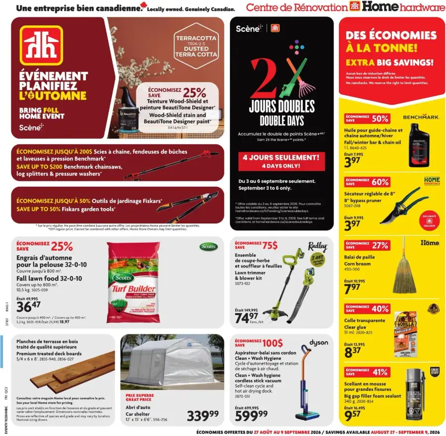 La page de couverture de la circulaire Home Hardware présente une ambiance chaleureuse et accueillante, axée sur la préparation pour l'automne. Les catégories de produits mises en avant incluent les outils de jardinage, les engrais, et les équipements de rénovation. Parmi les promotions notables, on trouve jusqu'à 25 % de rabais sur les produits de peinture, des économies sur les scies à chaîne et les outils Fiskars, ainsi qu'une offre spéciale de jours doubles pour accumuler des points Scène. Des exemples concrets incluent des engrais pour pelouse et un ensemble de coupe-herbe.