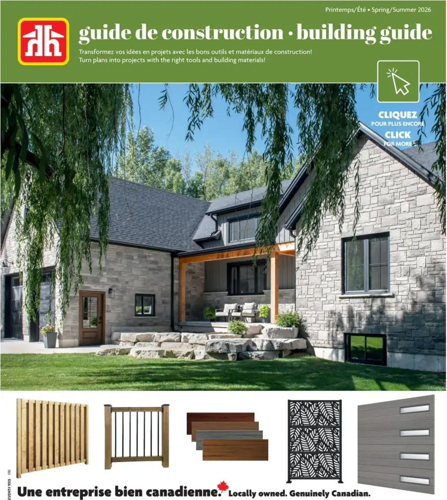 La page de couverture de la circulaire Home Hardware présente une ambiance printanière et accueillante, mettant en avant une maison moderne entourée de verdure. Les catégories de produits incluent des matériaux de construction, des clôtures, et des revêtements de sol. On y trouve des exemples concrets tels que des panneaux de bois, des garde-corps, et des dalles décoratives. Les promotions visibles soulignent l'engagement de l'entreprise envers des produits locaux et de qualité.