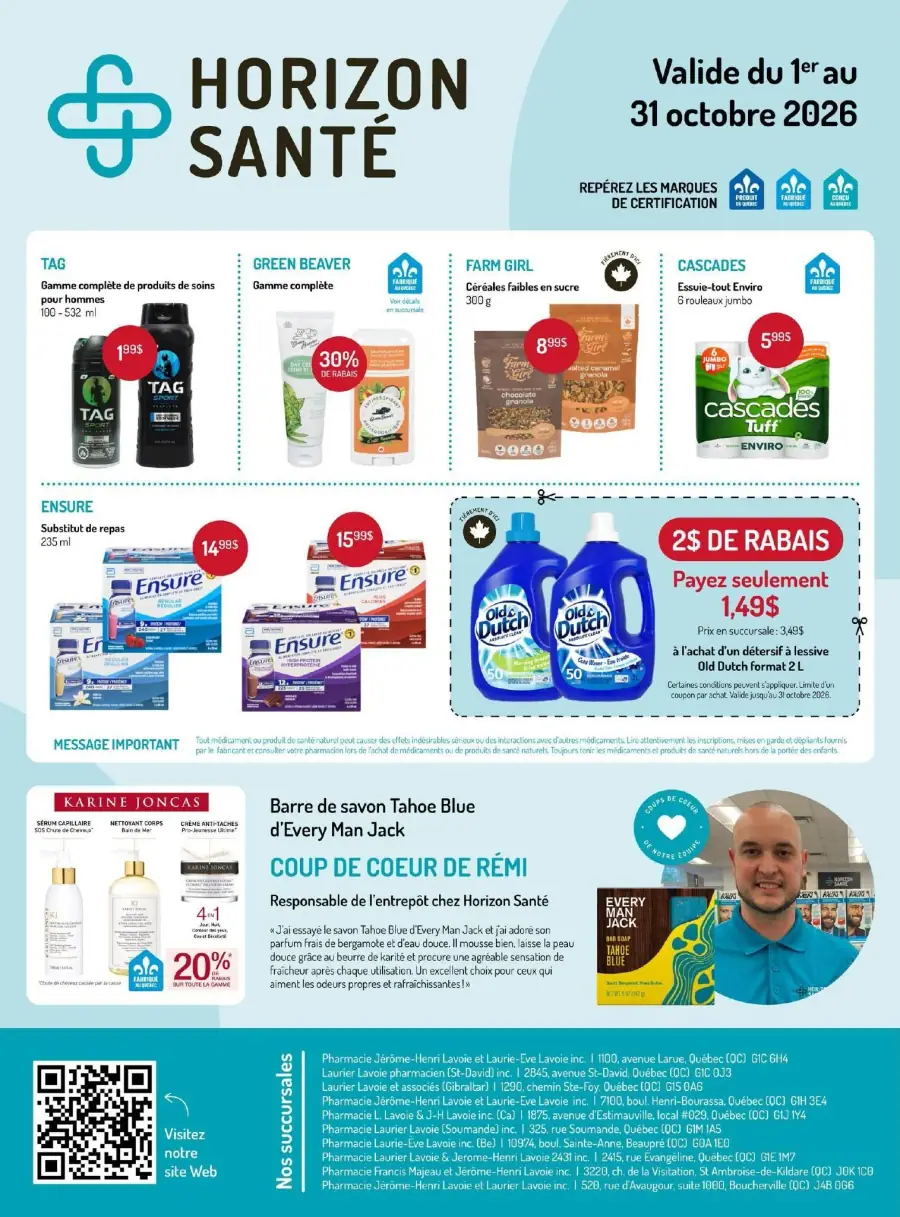 La page de couverture de la circulaire Horizon Santé présente une ambiance claire et professionnelle, mettant en avant des produits de santé et de bien-être. Les catégories incluent des soins personnels, des substituts de repas et des produits ménagers. On retrouve des exemples comme les soins TAG pour hommes, le substitut de repas Ensure, et des essuie-tout Cascades. Parmi les promotions, un rabais de 30 % sur les produits Green Beaver et une offre spéciale sur le détergent Old Dutch attirent l'attention.