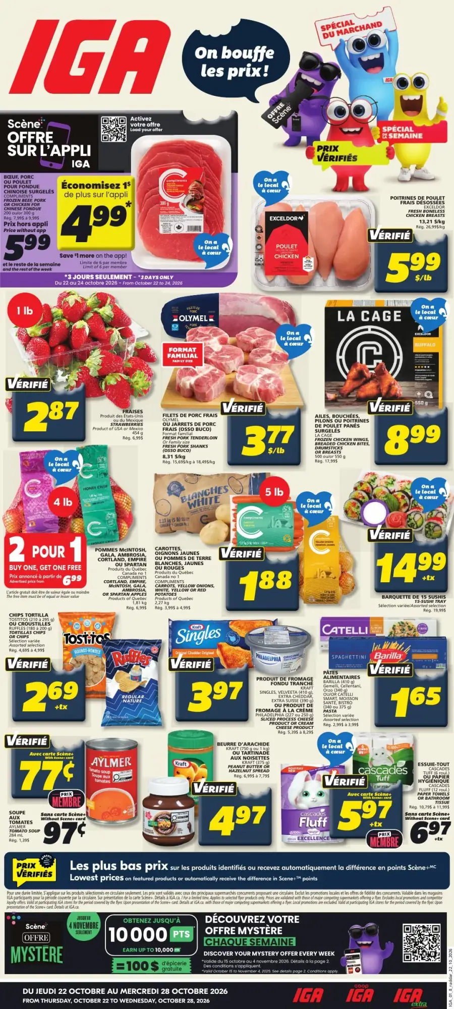 La page de couverture de la circulaire IGA présente une ambiance dynamique et colorée, mettant en avant une variété de produits alimentaires. On y trouve des viandes, des fruits, des légumes, ainsi que des produits laitiers et des collations. Parmi les promotions notables, les poitrines de poulet à 5,99 $/lb et les fraises à 2,87 $/lb attirent l’attention, tout comme l’offre de deux pour un sur certains produits. Des éléments visuels accrocheurs soulignent les prix vérifiés et les offres spéciales.