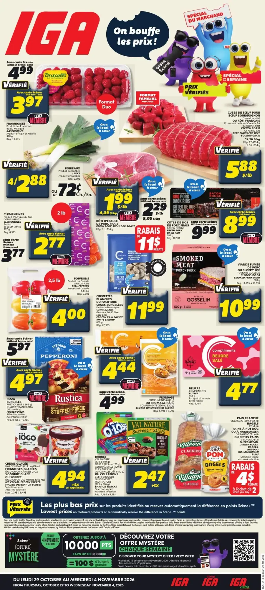 La page de couverture de la circulaire IGA présente une ambiance dynamique et colorée, mettant en avant une variété de produits frais et transformés. On y retrouve des fruits comme des framboises et des clémentines, ainsi que des viandes telles que le roti d'épaule de porc et des côtes de porc. Les promotions incluent des rabais sur les produits avec carte Scène, ainsi que des offres spéciales sur les pizzas surgelées et les crèmes glacées. Les prix sont clairement affichés, soulignant les économies possibles pour les clients.