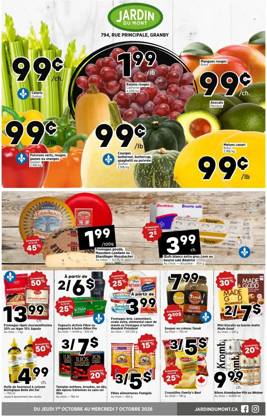 La page de couverture de la circulaire Jardin du Mont présente une ambiance colorée et accueillante, mettant en avant une variété de produits frais. On y trouve des fruits et légumes tels que des raisins rouges, des poivrons et des courges, tous à des prix attractifs. Les promotions importantes incluent des fromages gouda et des œufs, ainsi que des offres sur des produits laitiers et des pâtes. L'ensemble crée une invitation à découvrir des produits locaux et de qualité.