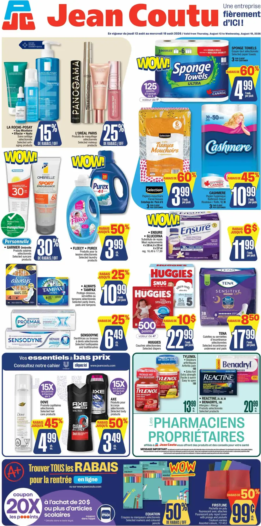 La page de couverture de la circulaire Jean Coutu présente une ambiance dynamique et colorée, mettant en avant divers produits de soins personnels, d'hygiène et d'entretien. Les catégories incluent des soins de la peau, des produits ménagers et des articles pour bébés. Parmi les promotions notables, on trouve des réductions allant jusqu'à 60 % sur des essuie-tout et des offres de points de fidélité sur des marques comme L'Oréal et Garnier.