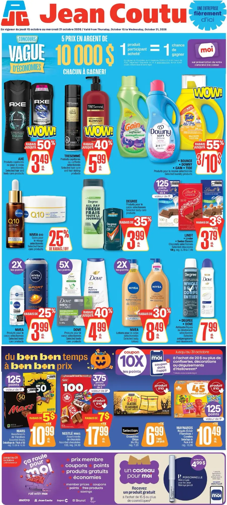 La page de couverture de la circulaire Jean Coutu présente une ambiance dynamique et colorée, mettant en avant des produits de soins personnels et d'entretien ménager. On y trouve des promotions sur des marques populaires comme AXE, Tresemmé, et Nivea, avec des rabais allant jusqu'à 55 %. Les sections incluent des soins capillaires, des lessives, et des produits de beauté. Des offres spéciales comme des points de fidélité multipliés et un concours pour gagner des prix en argent ajoutent à l'attrait de la page.