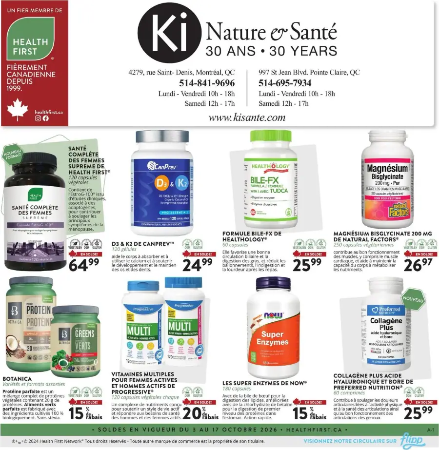La page de couverture de la circulaire Ki Nature & Santé présente une ambiance axée sur le bien-être et la santé naturelle. Les catégories de produits mises en avant incluent des suppléments nutritionnels, des vitamines et des enzymes. Parmi les exemples, on trouve la "Santé complète des femmes" et le "D3 & K2 de CanPrev". Les promotions importantes signalées incluent des réductions sur plusieurs produits, comme le "Bile-FX" et le "Magnésium bisglycinate", attirant l’attention sur les offres spéciales.