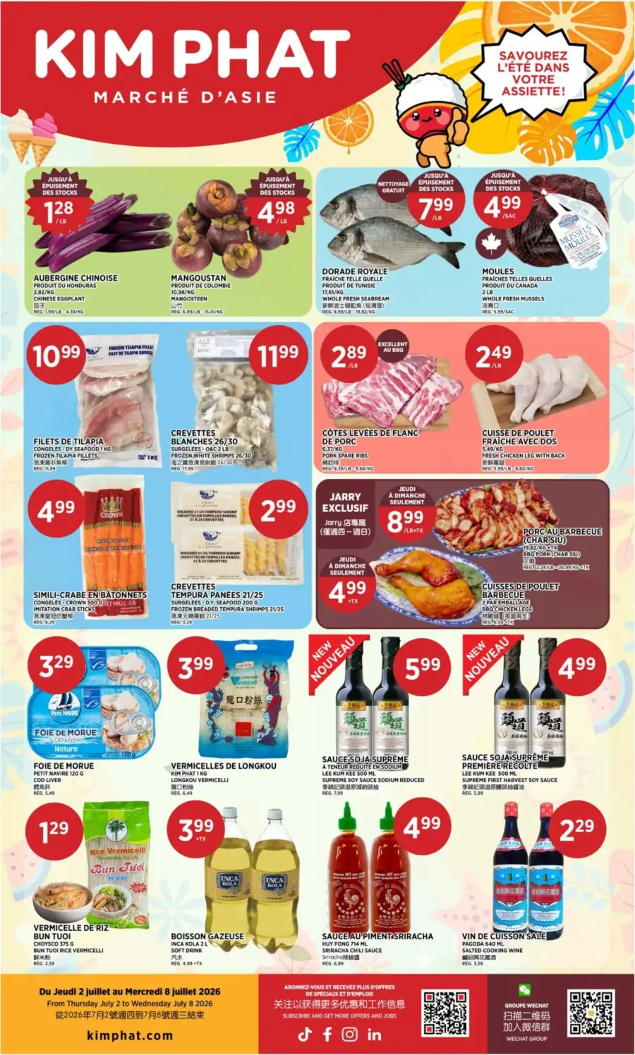 La page de couverture de la circulaire Kim Phat présente une ambiance estivale et colorée, avec des éléments graphiques évoquant des fruits et des glaces. Les catégories de produits mises en avant incluent des fruits exotiques, des fruits de mer, de la viande, et des sauces. Parmi les promotions notables, on trouve les aubergines chinoises à 1,28 $/lb et le dorader royal à 7,99 $/lb. Des produits comme les crevettes blanches et les côtes de porc sont également en promotion, attirant l’attention sur les offres variées.