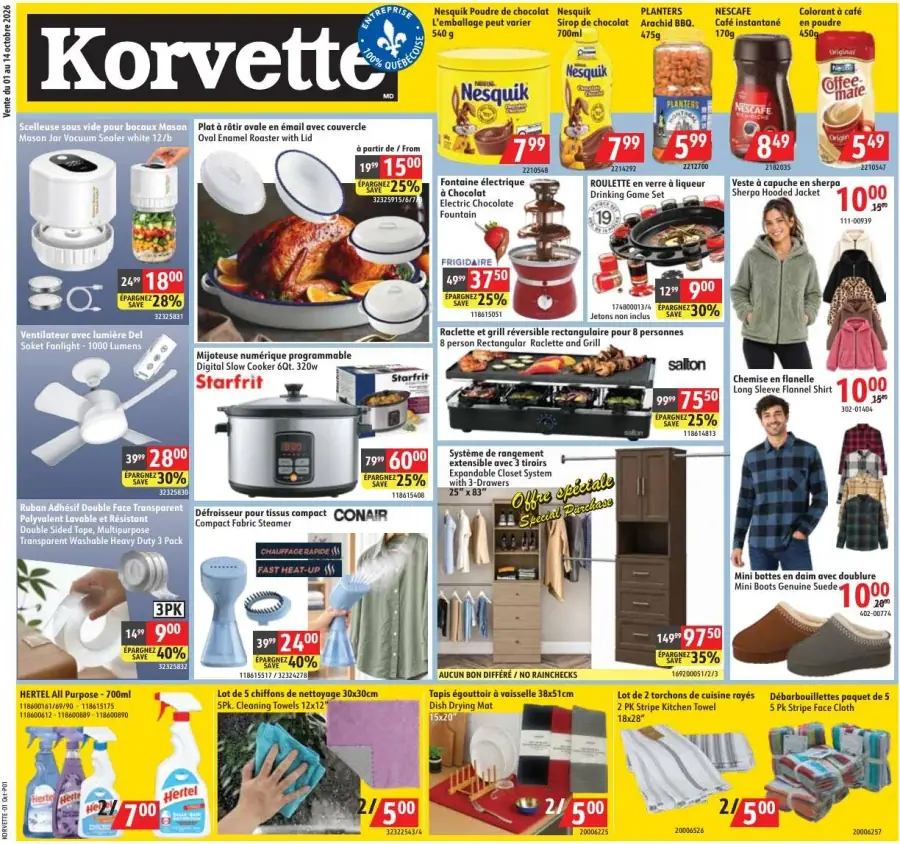 La page de couverture de la circulaire Korvette présente une ambiance dynamique et accueillante, mettant en avant une variété de produits pour la maison et la cuisine. On y trouve des articles comme des mijoteuses, des ventilateurs, et des ustensiles de cuisine. Les promotions notables incluent une raclette réversible et un système de rangement extensible. Des visuels attrayants accompagnent chaque catégorie, créant une invitation à découvrir les offres.