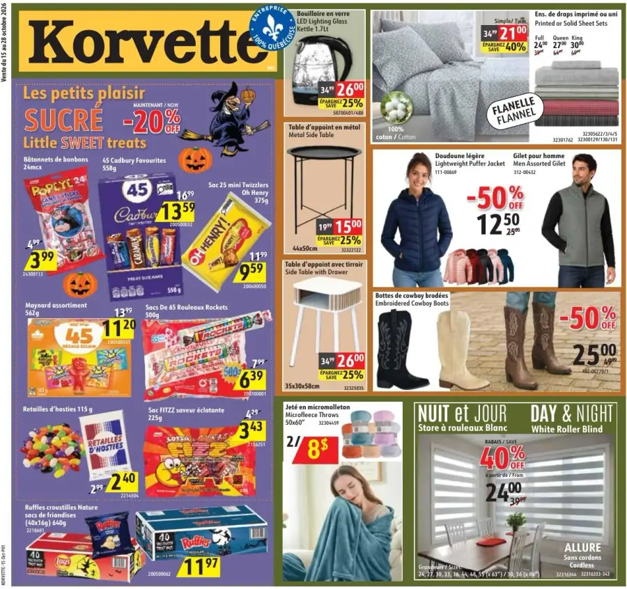 La page de couverture de la circulaire Korvette présente une ambiance colorée et festive, mettant en avant des produits variés. On y trouve une section dédiée aux douceurs, avec des bonbons et chocolats en promotion, tels que les Cadbury et les Maynard. Des articles pour la maison, comme des draps imprimés et des tables d'appoint, sont également visibles, accompagnés de réductions significatives. Les vêtements, notamment des vestes et des bottes, affichent des promotions attractives de 50 % de rabais.