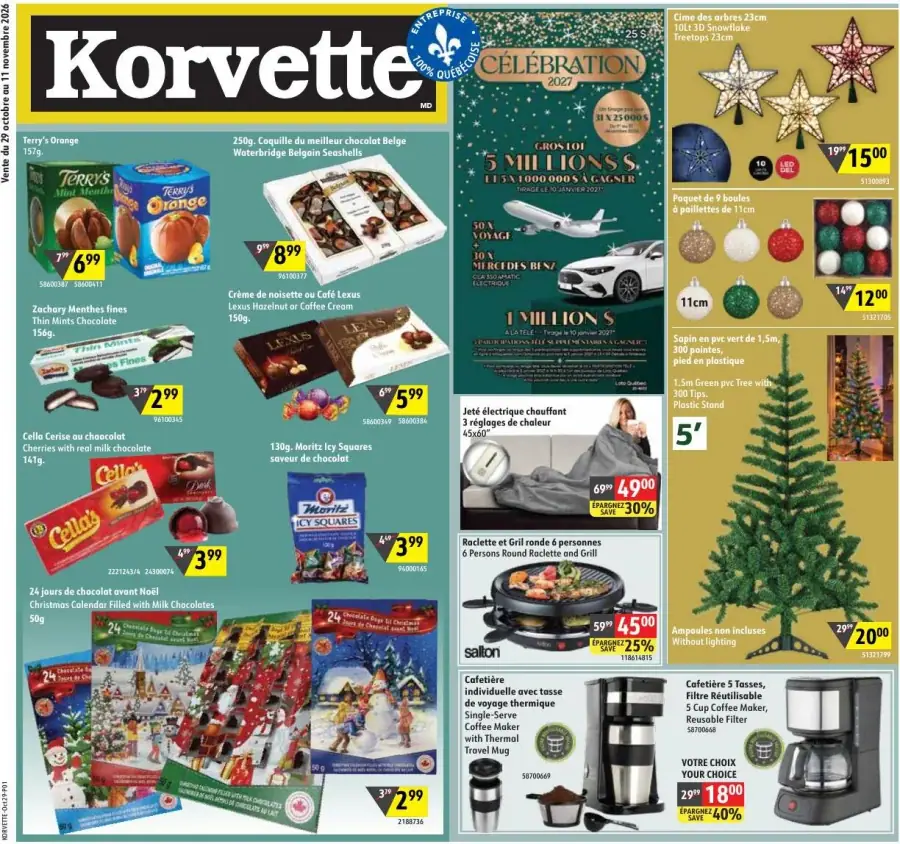 La page de couverture de la circulaire Korvette présente une ambiance festive, mettant en avant des produits de saison, notamment des chocolats et des décorations de Noël. On y trouve des offres sur des chocolats variés, comme les Terry's Orange et les Zachary Mennheits, ainsi que des articles de décoration tels que des sapins et des ornements. Les promotions incluent des réductions sur des appareils électroménagers comme des cafetières et des grills. La mise en page est colorée et attrayante, soulignant les produits phares de cette période de l'année.