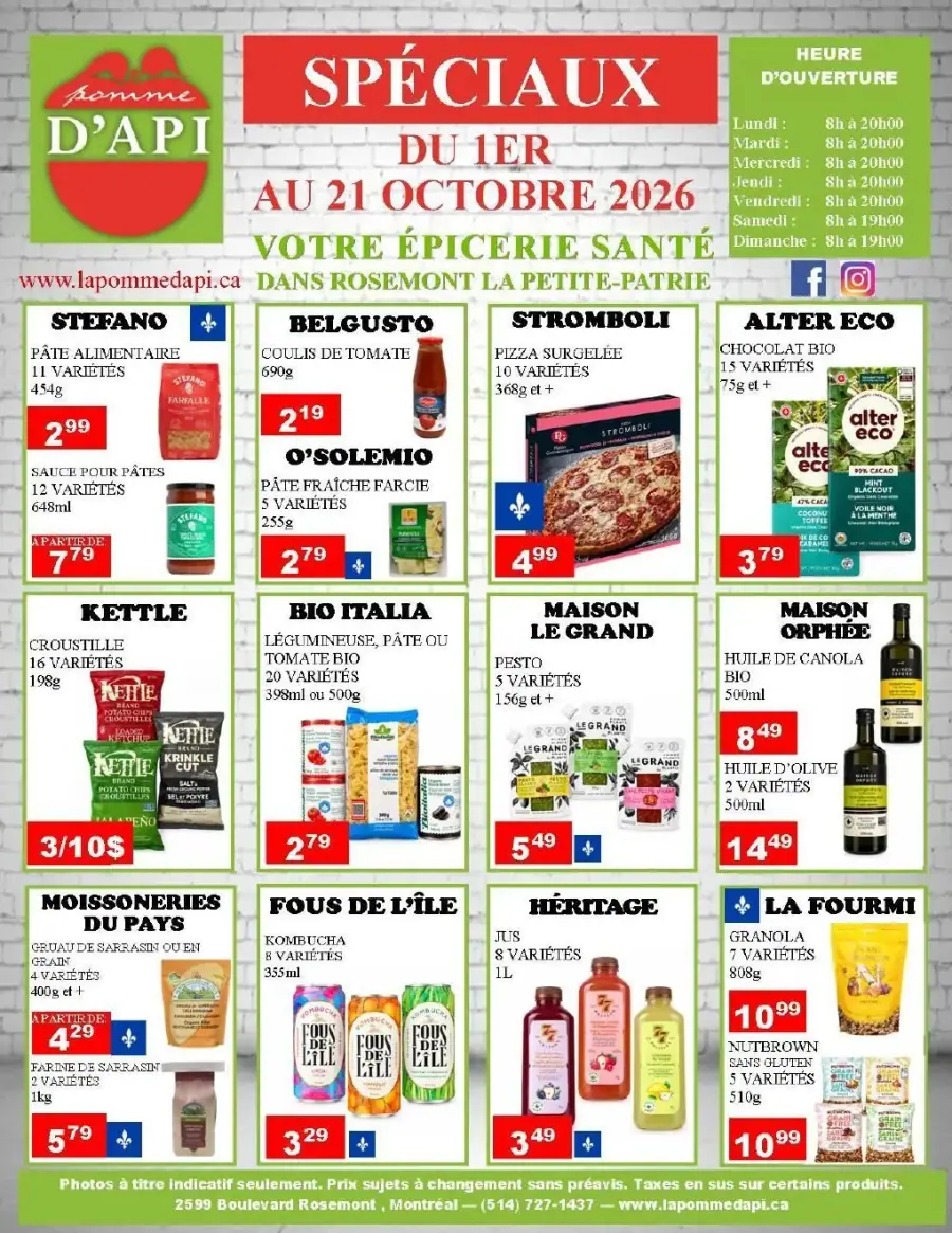 La page de couverture de la circulaire La Pomme d'Api présente une ambiance conviviale et accueillante, mettant en avant une sélection variée de produits alimentaires. Les catégories incluent des pâtes, sauces, pizzas surgelées, croustillants, et produits bio. Parmi les promotions notables, on trouve des pâtes Stefano, des pizzas Stromboli, et des jus Héritage, soulignant l'engagement envers des choix sains et gourmands.