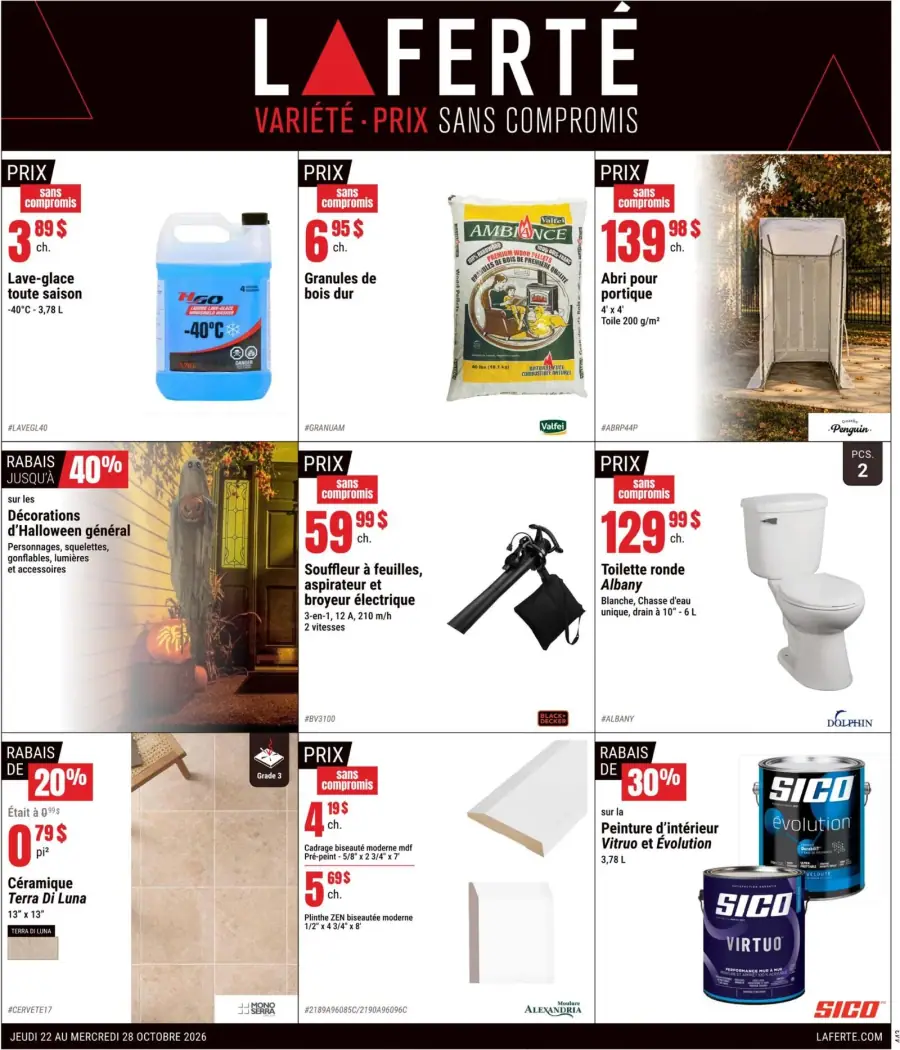 La page de couverture de la circulaire Laferté présente une ambiance automnale, mettant en avant des produits pour l'entretien extérieur et des décorations d'Halloween. Les catégories incluent des articles de jardinage, de construction et de décoration. Parmi les promotions visibles, on trouve des rabais de 40 % sur les décorations d'Halloween et des prix compétitifs sur des produits comme un souffleur de feuilles et des granules de bois.