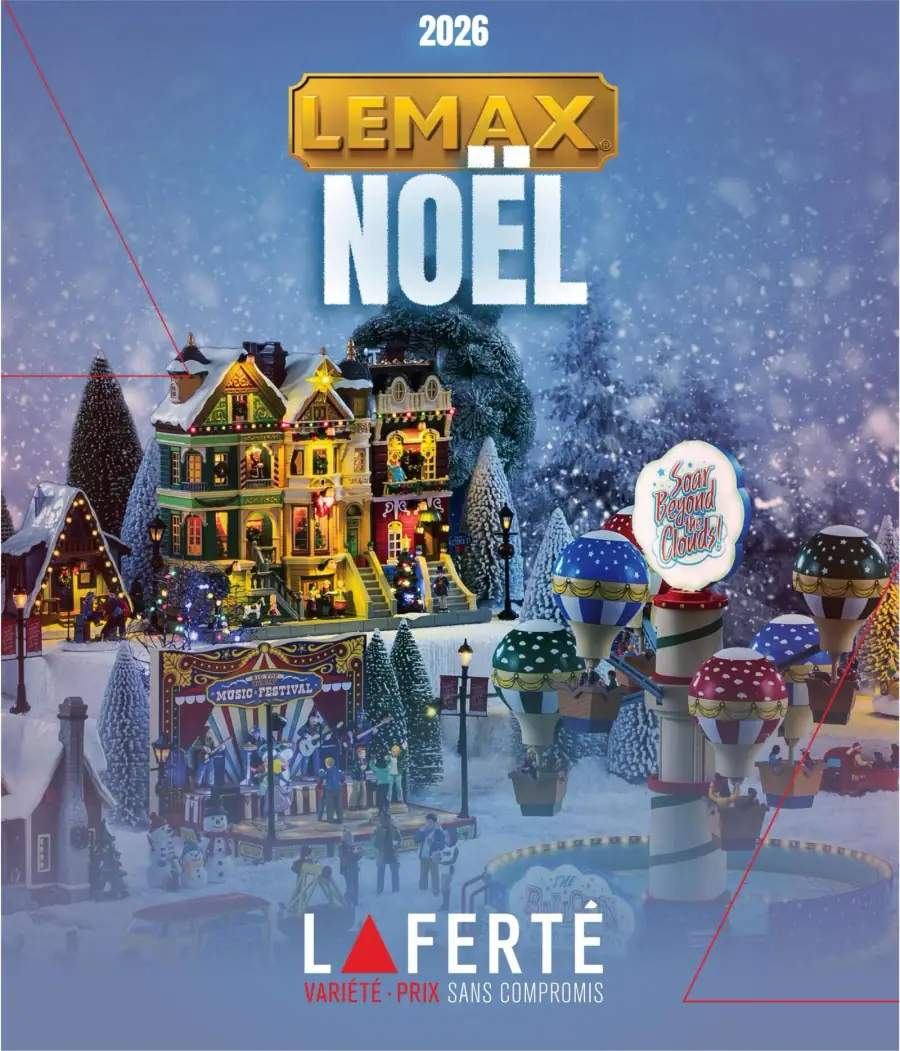 La page de couverture de la circulaire Laferté évoque une ambiance festive et hivernale, mettant en avant des décorations de Noël de la marque Lemax. On y trouve des maisons illuminées, des scènes de festivals et des manèges, créant une atmosphère chaleureuse. Les catégories de produits incluent des décorations, des figurines et des accessoires de Noël. Les promotions importantes sont mises en avant, soulignant la variété et les prix compétitifs offerts par Laferté.