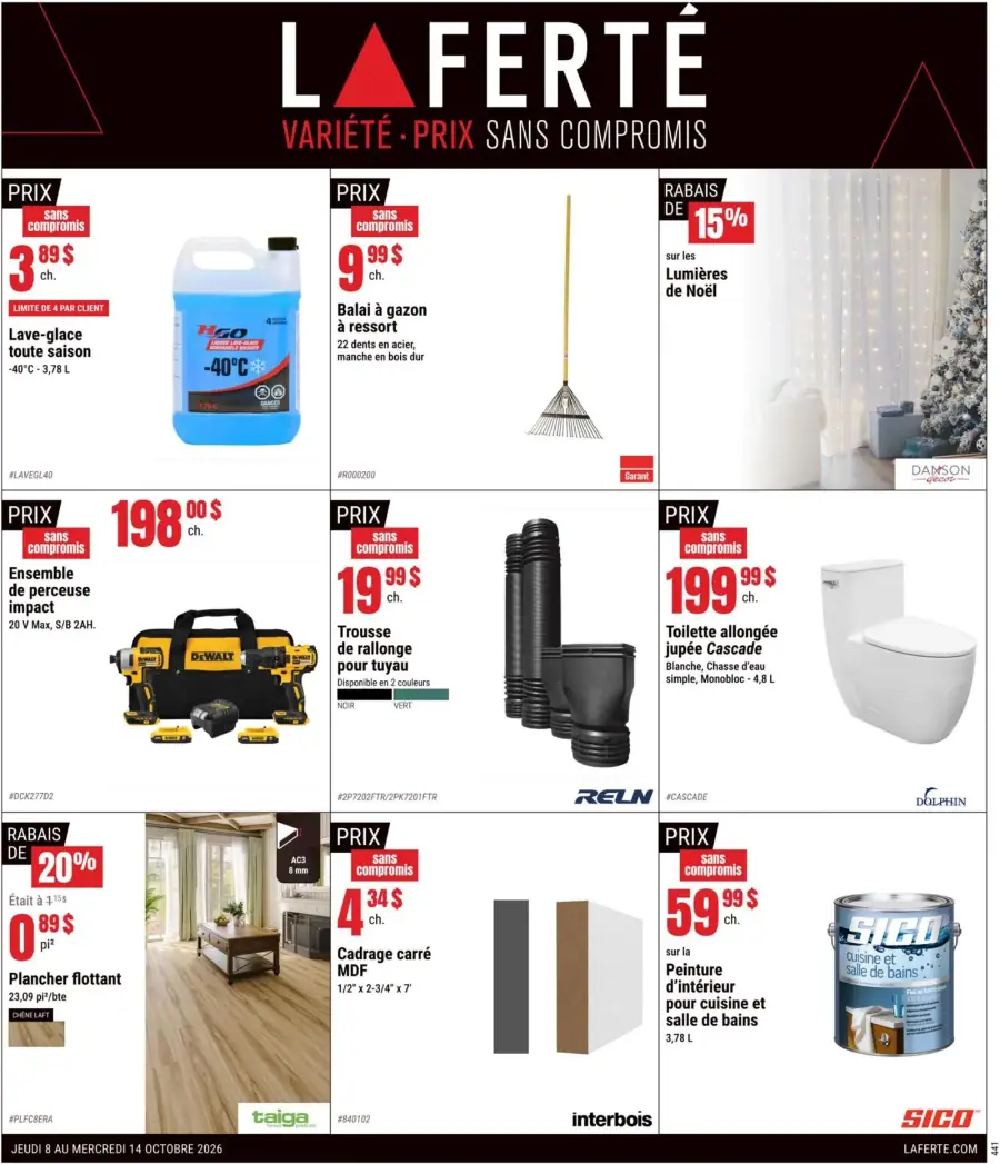 La page de couverture de la circulaire Laferté présente une ambiance dynamique et pratique, axée sur des produits variés pour l'entretien et la rénovation. On y trouve des catégories telles que les produits de nettoyage, les outils, la plomberie et les matériaux de construction. Parmi les promotions notables, on remarque un lave-glace tout saison, un ensemble de perceuse impact, et des rabais sur des lumières de Noël et du plancher flottant, attirant l'attention sur des offres intéressantes pour la saison.