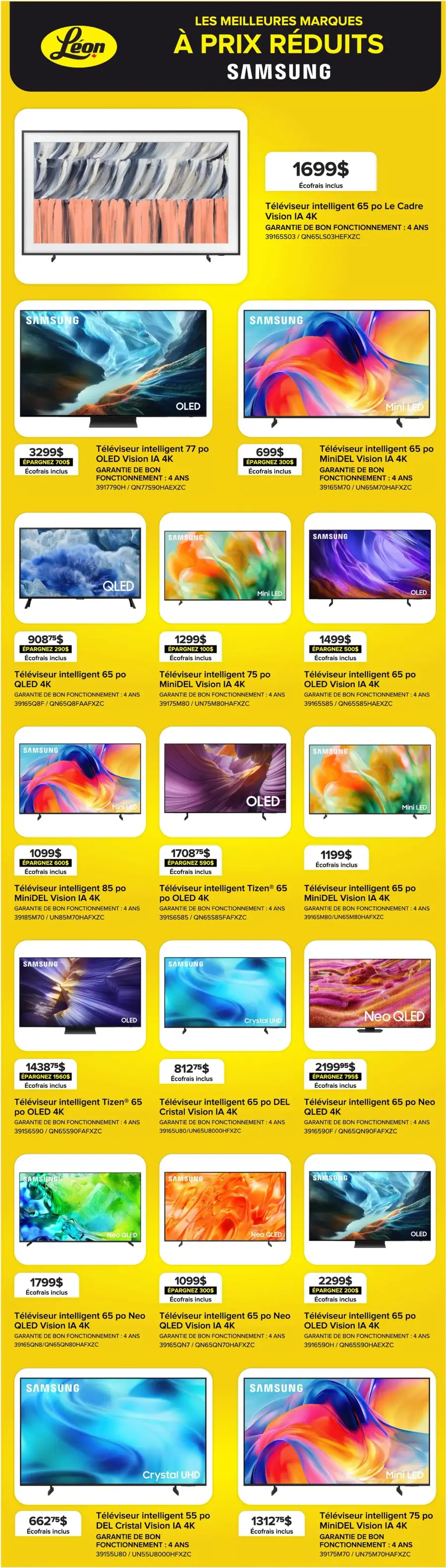La page de couverture de la circulaire Léon met en avant une ambiance dynamique et moderne, centrée sur les téléviseurs Samsung. Les catégories de produits incluent des modèles OLED, QLED et Mini LED, avec des tailles variées allant de 55 à 85 pouces. Parmi les promotions notables, on retrouve des économies allant jusqu'à 700 $. Les modèles phares comme le téléviseur intelligent 77 po OLED Vision IA 4K et le 65 po Mini LED Vision IA 4K attirent particulièrement l'attention.
