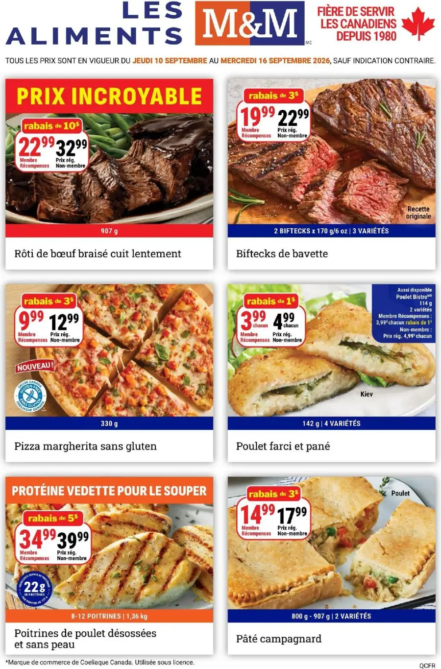 La page de couverture de la circulaire Les Aliments M&M présente une ambiance accueillante et appétissante, mettant en avant des produits variés. Les catégories de produits incluent des viandes, des plats préparés et des pizzas. Parmi les promotions notables, on trouve un rôti de bœuf braisé avec un rabais de 10$, ainsi que des biftecks de bavette et une pizza margherita sans gluten, tous avec des réductions pour les membres. Les visuels sont clairs et attrayants, incitant à la découverte des offres.