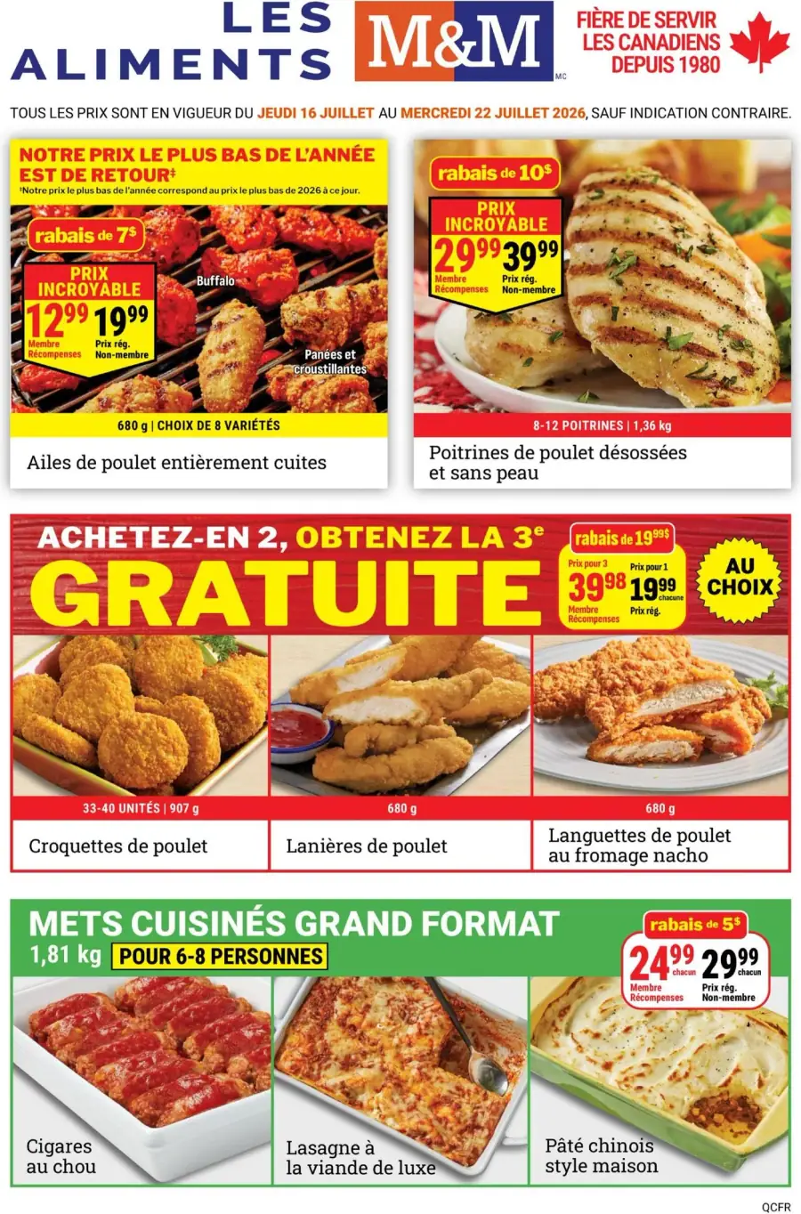 La page de couverture de la circulaire Les Aliments M&M présente une ambiance dynamique et appétissante, mettant en avant des produits de volaille. Les catégories incluent des ailes de poulet, des poitrines désossées et des mets cuisinés en grand format. Parmi les promotions, on note des rabais sur les ailes de poulet entièrement cuites et une offre spéciale "achetez-en 2, obtenez la 3e gratuite" sur les croquettes et langoustes de poulet. Les visuels illustrent des plats savoureux, attirant l'attention des consommateurs.