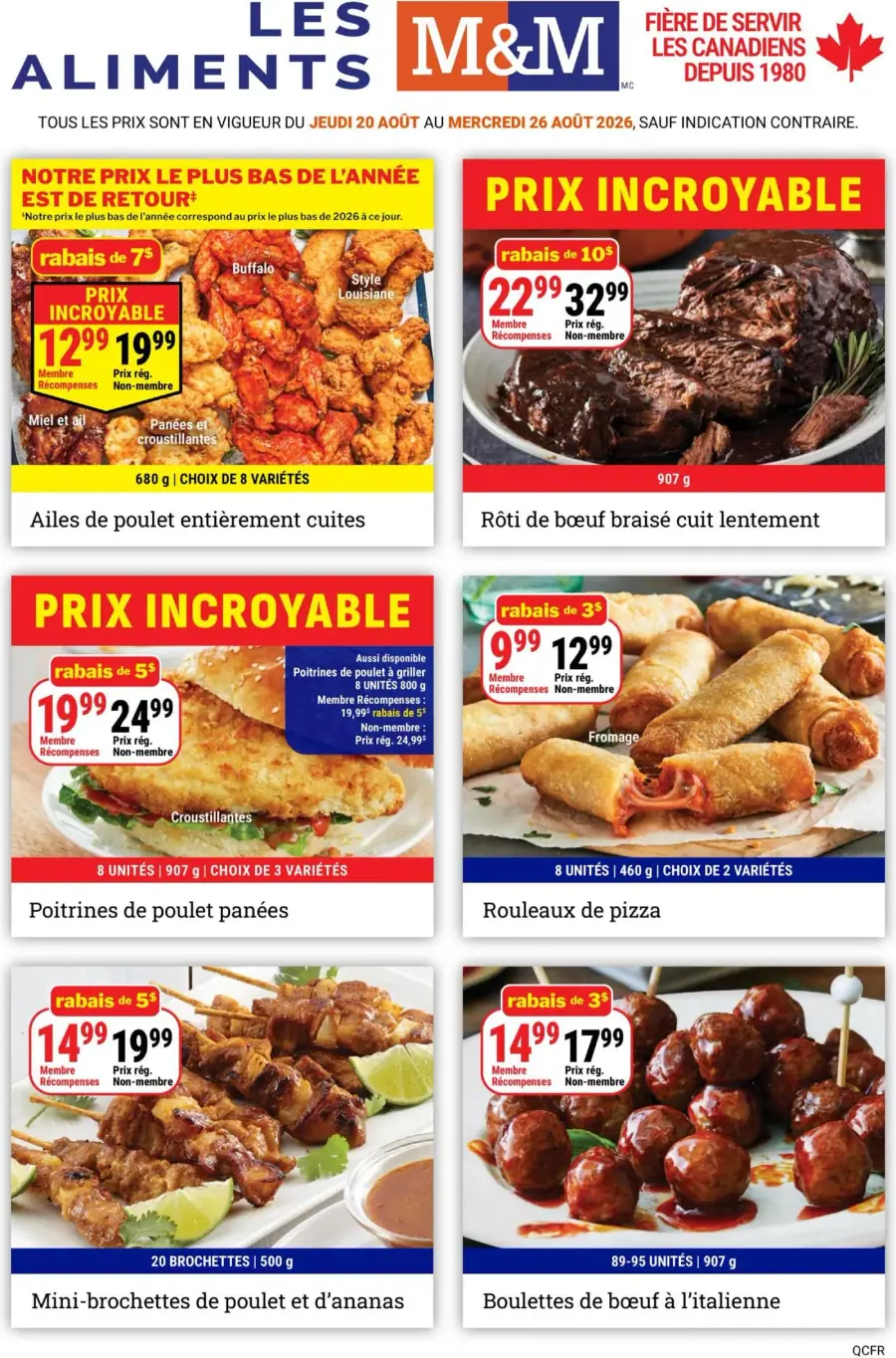 La page de couverture de la circulaire Les Aliments M&M présente une ambiance conviviale et appétissante, mettant en avant des produits variés. On y trouve des ailes de poulet, un rôti de bœuf braisé, des poitrines de poulet panées, des rouleaux de pizza, des mini-brochettes de poulet et d'ananas, ainsi que des boulettes de bœuf à l'italienne. Plusieurs promotions sont mises en avant, avec des rabais significatifs pour les membres et non-membres, soulignant l'attrait des offres.