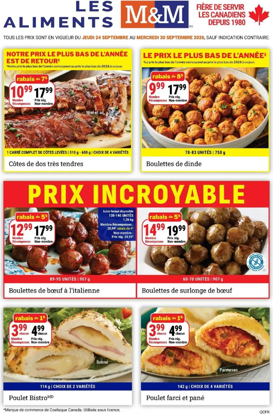 La page de couverture de la circulaire Les Aliments M&M présente une ambiance conviviale et appétissante, mettant en avant des produits variés. On y trouve des côtes de dos très tendres et des boulettes de dinde, accompagnées de rabais attractifs. Les promotions incluent des réductions sur les boulettes de bœuf à l'italienne et de surlonge de bœuf, ainsi que des plats de poulet. Le tout est visuellement dynamique, attirant l'œil sur les économies à réaliser.