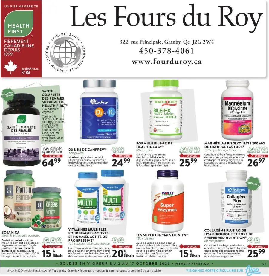La page de couverture de la circulaire Les Fours du Roy présente une ambiance axée sur la santé et le bien-être, mettant en avant des produits naturels et écologiques. Les catégories de produits incluent des suppléments vitaminiques, des probiotiques et des minéraux. Parmi les promotions visibles, on retrouve des articles comme le "D3 & K2 de CanPrev" à 24,99 $ et le "Magnésium Bisglycinate" à 26,97 $. Les offres sont clairement indiquées, attirant l'attention sur les économies possibles.