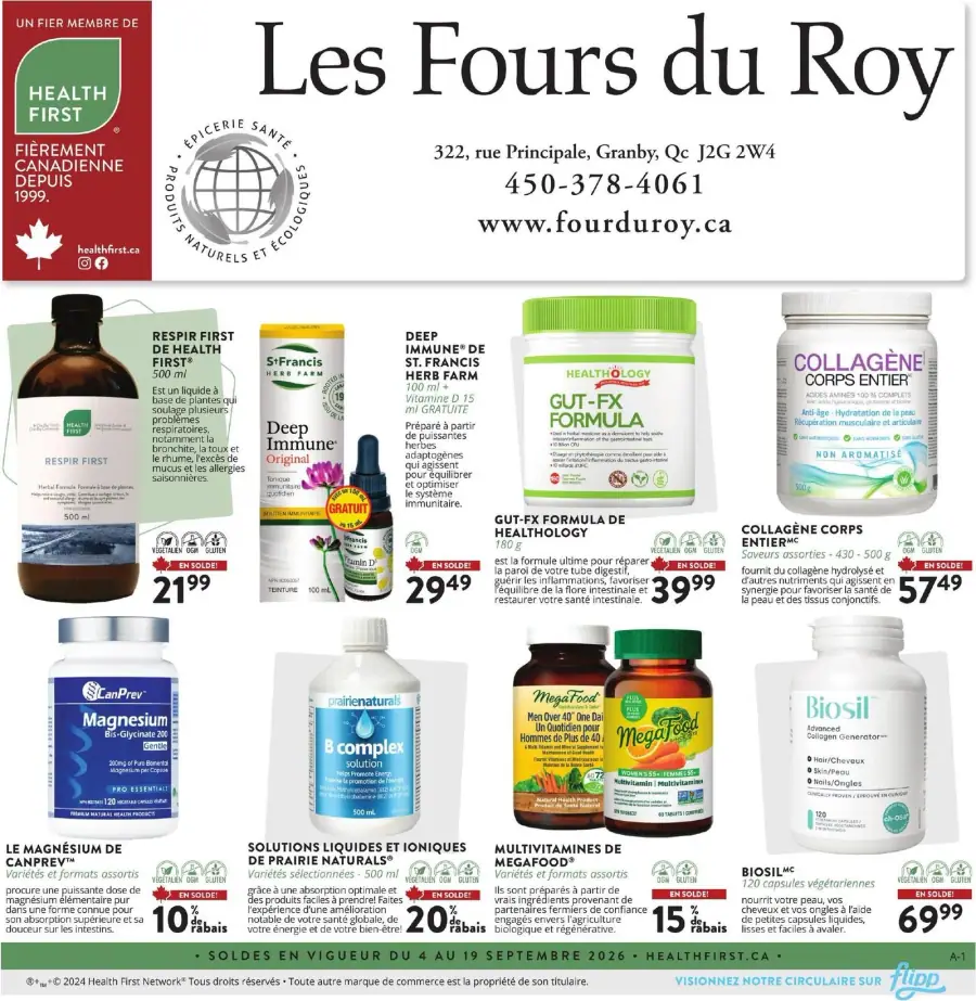 La page de couverture de la circulaire Les Fours du Roy présente une ambiance axée sur la santé et le bien-être, mettant en avant des produits naturels et écologiques. Les catégories de produits incluent des suppléments vitaminiques, des solutions liquides et des soins corporels. Parmi les promotions notables, on trouve le "Respir First" et le "Deep Immune" à prix réduit, ainsi que des offres sur le "Gut-FX Formula" et le "Collagène Corps Entier".