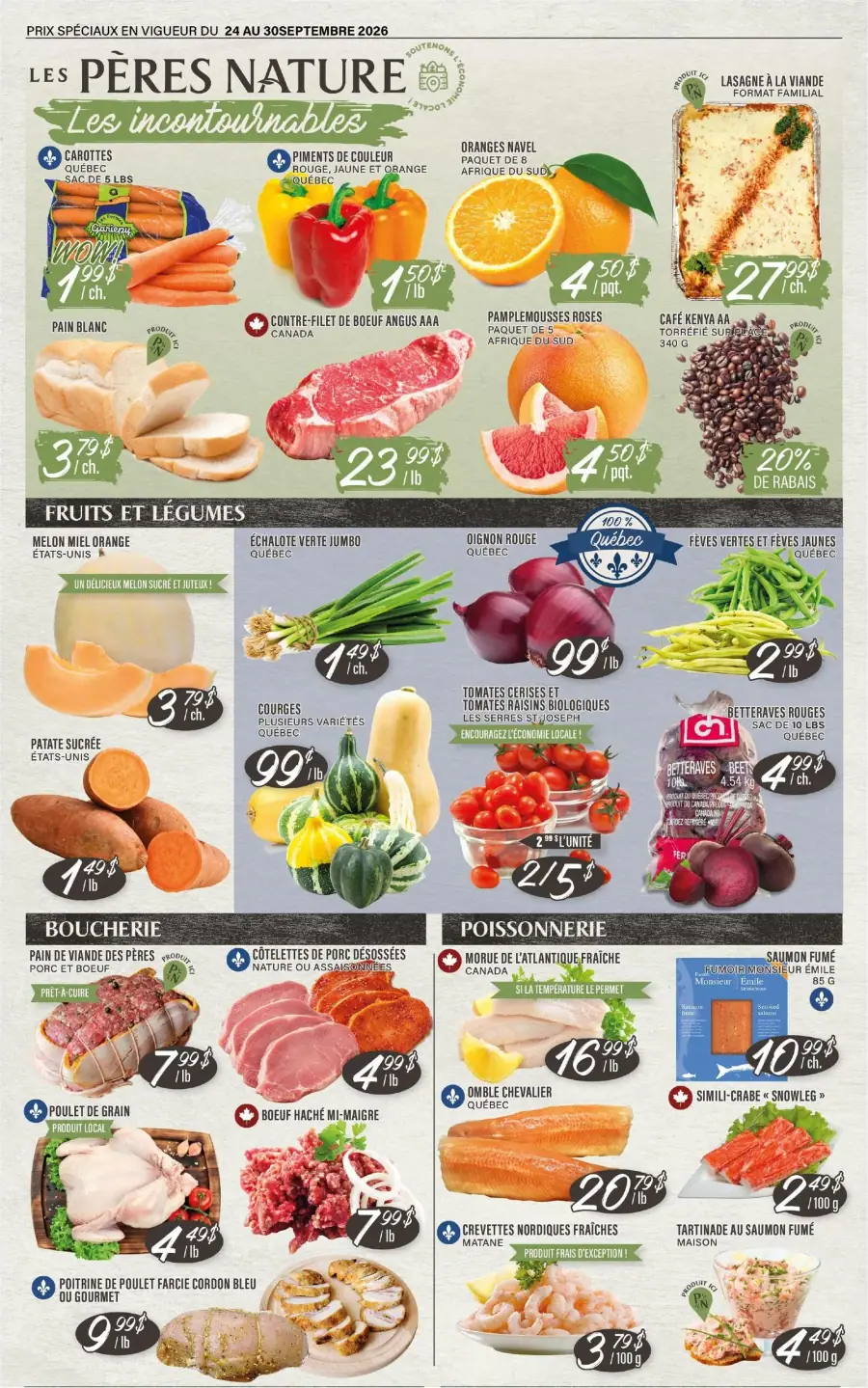 La page de couverture de la circulaire Les Pères Nature présente une ambiance chaleureuse et accueillante, mettant en avant une sélection variée de produits frais. Les catégories de produits incluent les fruits et légumes, la boucherie et la poissonnerie. On y trouve des carottes, des oranges navel, et des contre-filets de boeuf. Les promotions notables incluent 20 % de rabais sur le café Kenya AA et des prix spéciaux sur divers fruits et légumes locaux.