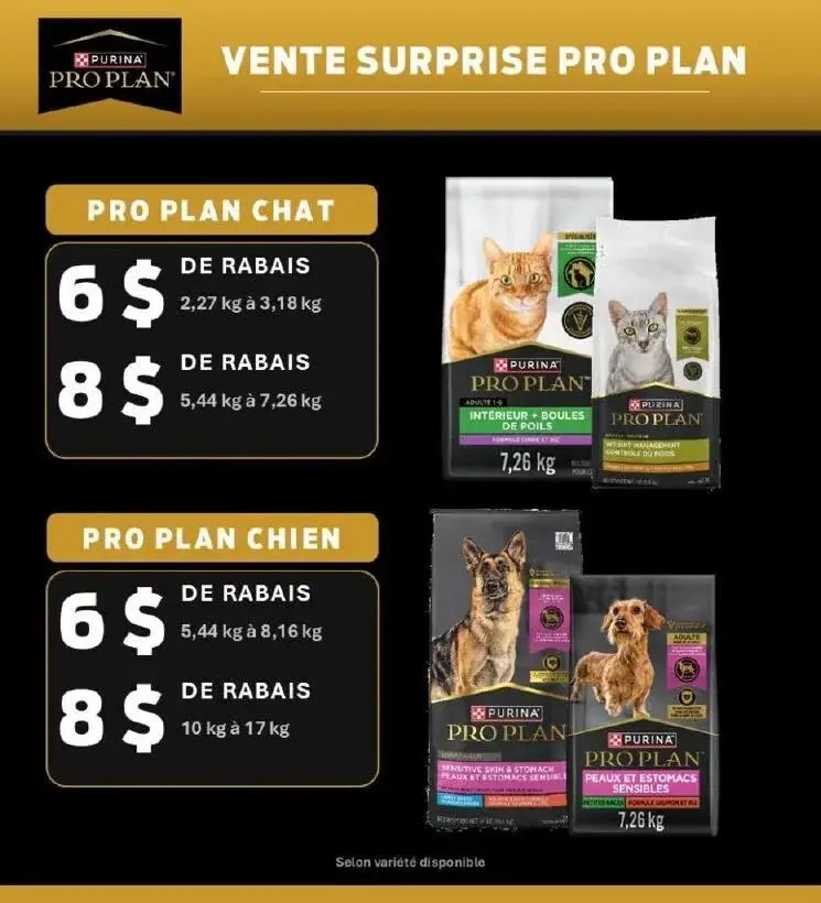 La page de couverture de la circulaire Létourno présente une ambiance dynamique et engageante, mettant en avant des produits pour animaux de compagnie. Les catégories principales sont le nourriture pour chats et chiens, avec des promotions visibles sur les produits Pro Plan. On y trouve des rabais de 6 $ et 8 $ sur divers formats de nourriture, comme pour les chats et les chiens, soulignant des options spécifiques comme "Intérieur + Boules de poils" et "Peaux et estomacs sensibles".