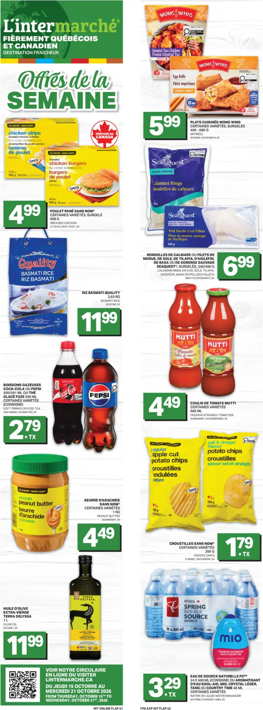 La page de couverture de la circulaire L'Intermarché Destination Fraîcheur présente une ambiance conviviale et accueillante. On y retrouve une variété de produits alimentaires, notamment des plats cuisinés surgelés, du riz basmati, des boissons gazeuses, et des condiments comme le beurre d'arachide. Les promotions mises en avant incluent des offres sur les produits Wong Wing, ainsi que des prix attractifs sur des articles essentiels comme l'huile d'olive et les croustilles.