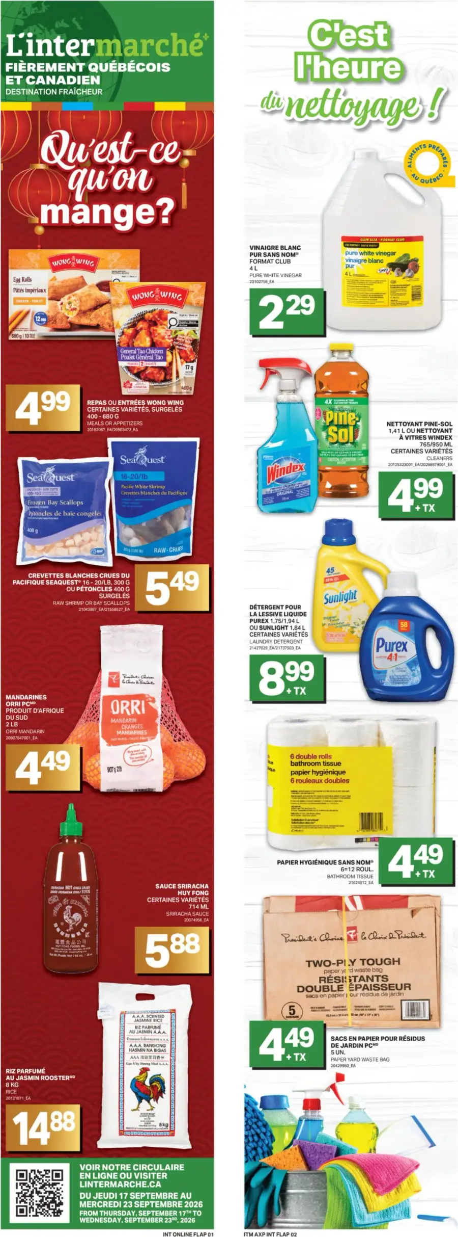 La page de couverture de la circulaire L'Intermarché Destination Fraîcheur présente une ambiance dynamique et colorée, mettant en avant des produits alimentaires et de nettoyage. On y trouve des entrées surgelées de Wong Wing, des crevettes crues, ainsi que des mandarines Orri. Les promotions incluent des nettoyants comme le Pine-Sol et des produits ménagers variés, soulignant l’heure du nettoyage.