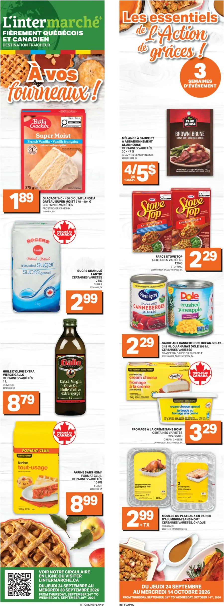 La page de couverture de la circulaire L'Intermarché Destination Fraîcheur présente une ambiance chaleureuse et conviviale, idéale pour la préparation des repas d'automne. Les catégories de produits mises en avant incluent des mélanges pour gâteaux, des sauces, des farces et des ingrédients de base comme le sucre et la farine. Parmi les promotions visibles, on trouve des mélanges à sauce Club House et des farces Stove Top, soulignant l'importance des préparations pour l'Action de grâce.