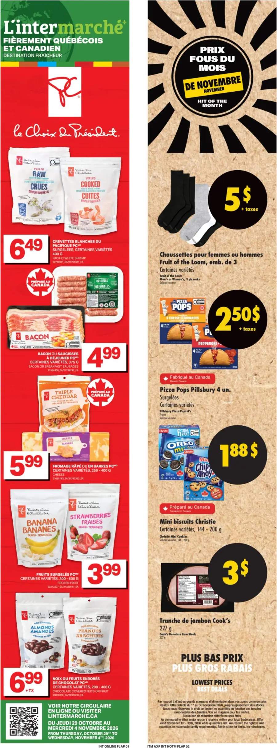 La page de couverture de la circulaire L'Intermarché Destination Fraîcheur présente une ambiance dynamique et colorée, mettant en avant divers produits alimentaires. On y trouve des fruits surgelés, des crevettes, du bacon, ainsi que des fromages. Les promotions importantes incluent des chaussettes à 5 $ et des Pizza Pops à 2,50 $. Les produits sont clairement présentés, attirant l'attention sur les offres du mois de novembre.
