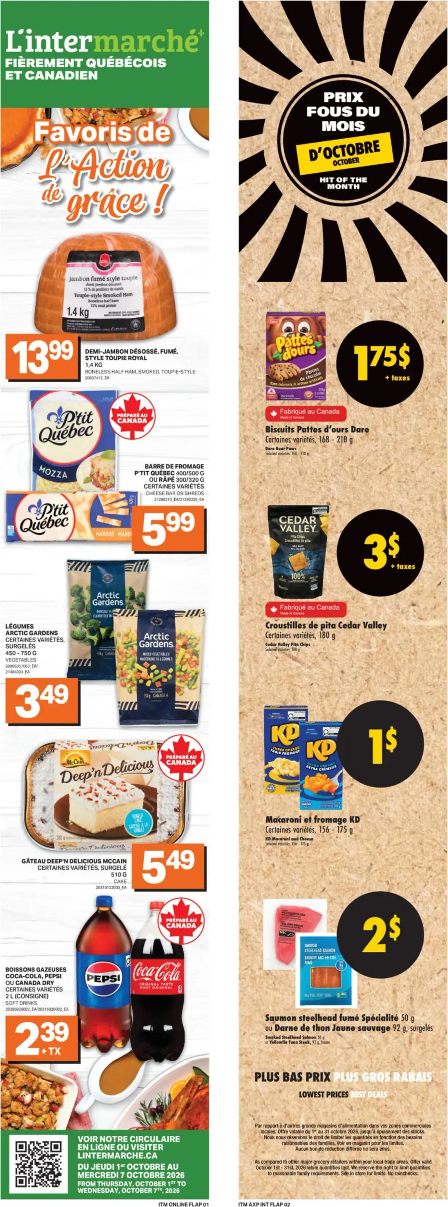 La page de couverture de la circulaire L'Intermarché présente une ambiance conviviale et festive, axée sur les préparatifs pour l'Action de grâce. Les catégories de produits incluent des viandes, des produits laitiers, des légumes surgelés et des douceurs. Parmi les promotions, on trouve un demi-jambon style tourtière, des biscuits Pattes d'ours et des gâteaux surgelés, mettant en avant des prix attractifs pour des produits de qualité.