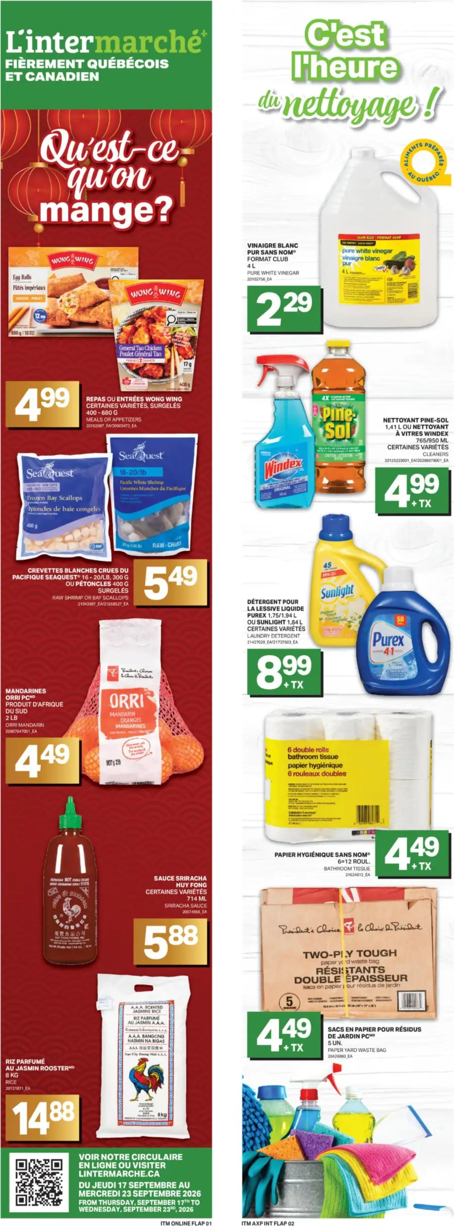 La page de couverture de la circulaire L'Intermarché présente une ambiance chaleureuse et accueillante, avec des promotions sur des produits alimentaires et de nettoyage. On y retrouve des catégories comme les plats surgelés, les fruits, et les produits ménagers. Parmi les exemples, on note des repas Wong Wing, des crevettes, des mandarines Orri, ainsi que des nettoyants Pine-Sol et Windex. Les promotions mettent en avant des prix attractifs sur ces articles essentiels.