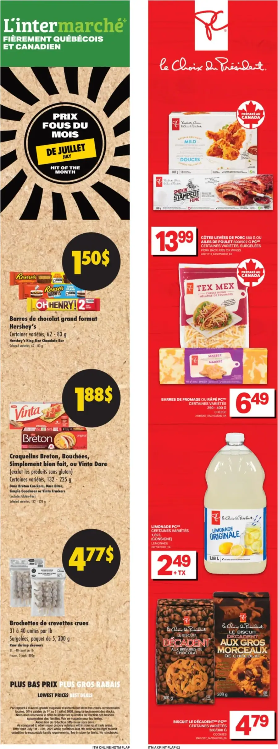La page de couverture de la circulaire L'Intermarché présente une ambiance chaleureuse et accueillante, avec un fond en bois et des éléments graphiques ensoleillés. Les catégories de produits mises de l'avant incluent des collations, des viandes, des produits laitiers et des boissons. Parmi les promotions visibles, on trouve des barres chocolatées à 1,50 $, des craquelins à 1,88 $, et des brochettes de crevettes à 4,77 $. Des produits de la marque "Choix du Président" sont également en vedette.