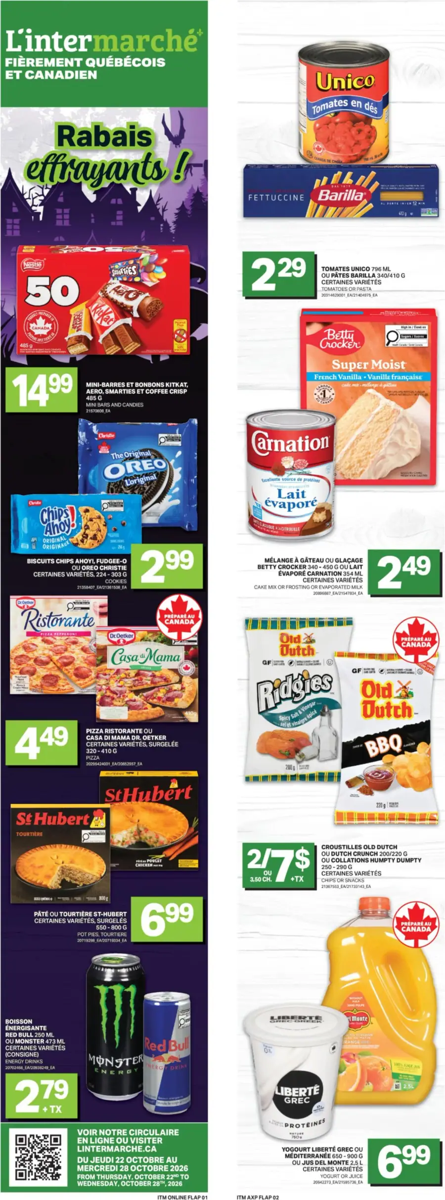 La page de couverture de la circulaire L'Intermarché présente une ambiance automnale avec des éléments graphiques évoquant Halloween. Les catégories de produits mises en avant incluent des collations, des produits de boulangerie, des plats surgelés et des boissons énergétiques. Parmi les promotions visibles, on trouve des réductions sur des biscuits, des pizzas surgelées et des boissons. Des produits comme les tomates en dés Unico et le mélange à gâteau Betty Crocker sont également mis en avant.