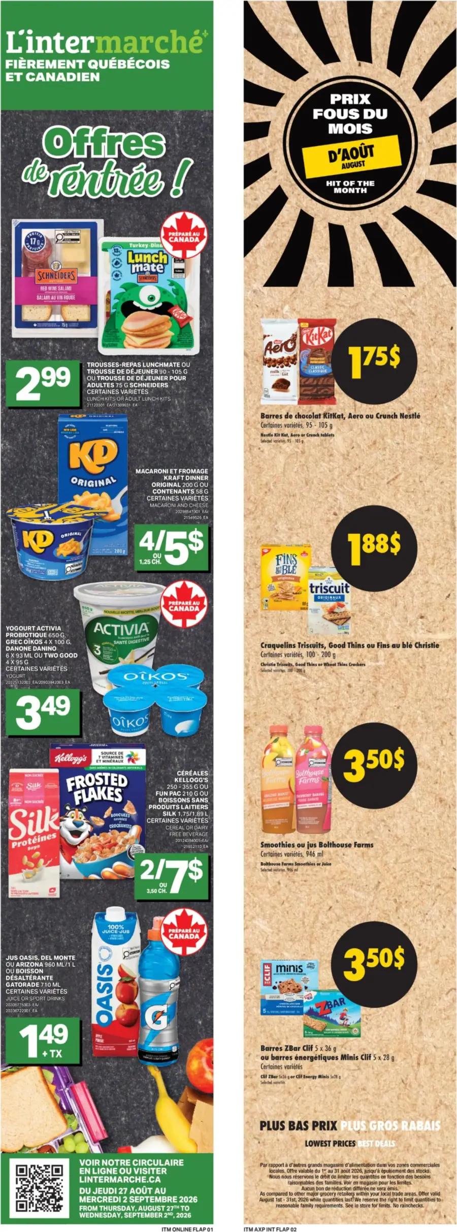 La page de couverture de la circulaire L'Intermarché présente une ambiance dynamique avec des promotions attrayantes pour la rentrée. On y trouve des catégories variées telles que les repas prêts à manger, les produits laitiers, les céréales et les collations. Parmi les offres mises en avant, on note des trousses-repas, des macaroni au fromage, ainsi que des barres chocolatées à prix réduit. Les promotions sont clairement affichées, incitant à profiter des économies sur des produits populaires.