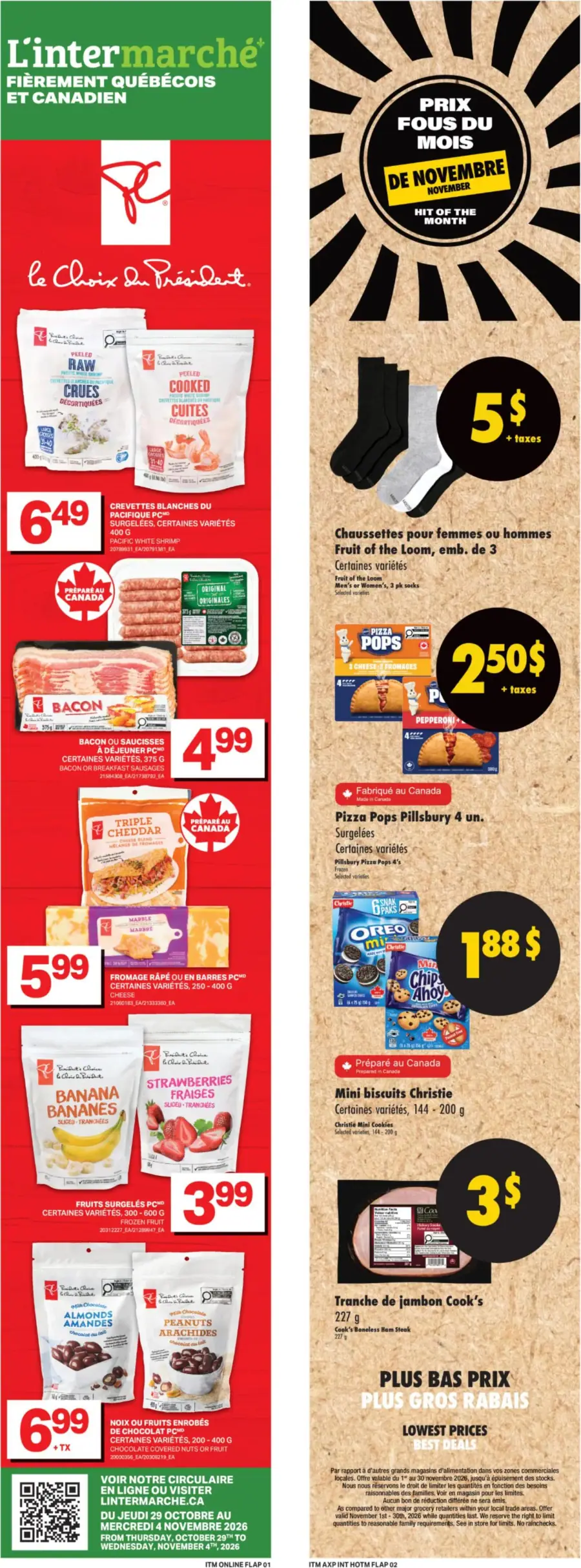 La page de couverture de la circulaire L'Intermarché présente une ambiance dynamique avec des promotions attrayantes. On y trouve des produits variés, notamment des crevettes, du bacon, des fromages, et des fruits surgelés. Les promotions incluent des chaussettes à 5 $ et des Pizza Pops à 2,50 $. Les visuels colorés et les prix en évidence attirent l'œil du consommateur.