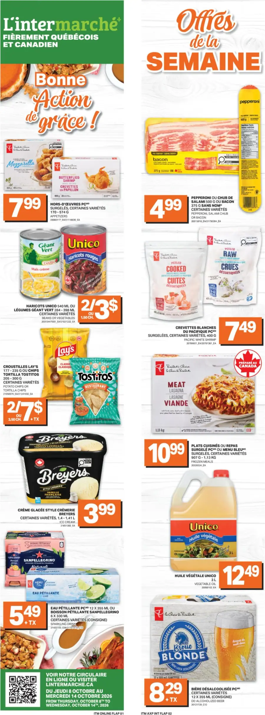 La page de couverture de la circulaire L'Intermarché présente une ambiance festive pour l'Action de grâce, avec des produits variés en promotion. On y trouve des hors-d'œuvre surgelés, des conserves de légumes, et des croustilles. Les promotions incluent des prix attractifs sur le bacon, les crevettes, et la crème glacée. Des visuels colorés et des mises en avant claires attirent l’attention sur les offres de la semaine.