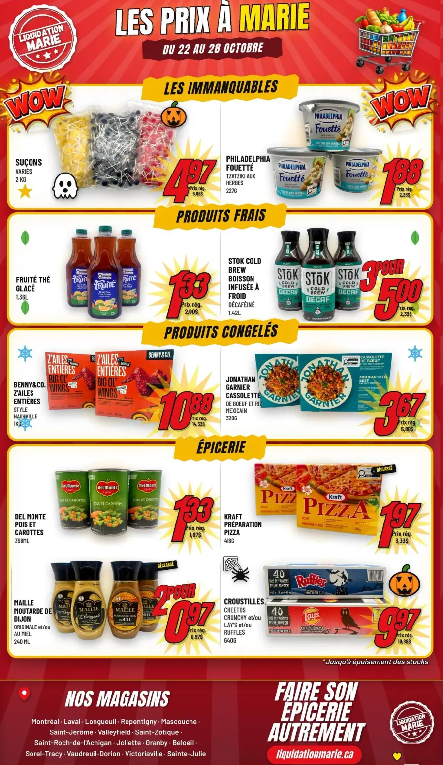 La page de couverture de la circulaire Liquidation Marie présente une ambiance dynamique et colorée, mettant en avant une variété de produits alimentaires. Les catégories incluent des « Immanquables », des « Produits frais », des « Produits congelés » et des articles d'épicerie. On y trouve des suçons variés, du fromage à tartiner Philadelphia, ainsi que des ailes de poulet et des casseroles préparées. Les promotions notables incluent des prix réduits sur plusieurs articles, attirant l'attention sur les économies possibles.