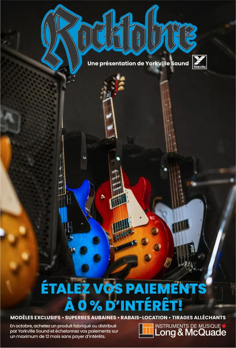 La page de couverture de la circulaire Long & McQuade présente une ambiance dynamique et musicale, mettant en avant des guitares électriques colorées, symboles de l'univers de la musique. Les catégories de produits incluent des instruments de musique, avec un accent particulier sur les modèles exclusifs et les aubaines. Les promotions importantes mentionnent la possibilité d'étaler les paiements à 0 % d'intérêt pour les achats effectués en octobre, ainsi que des offres de rabais-location et des tirages.