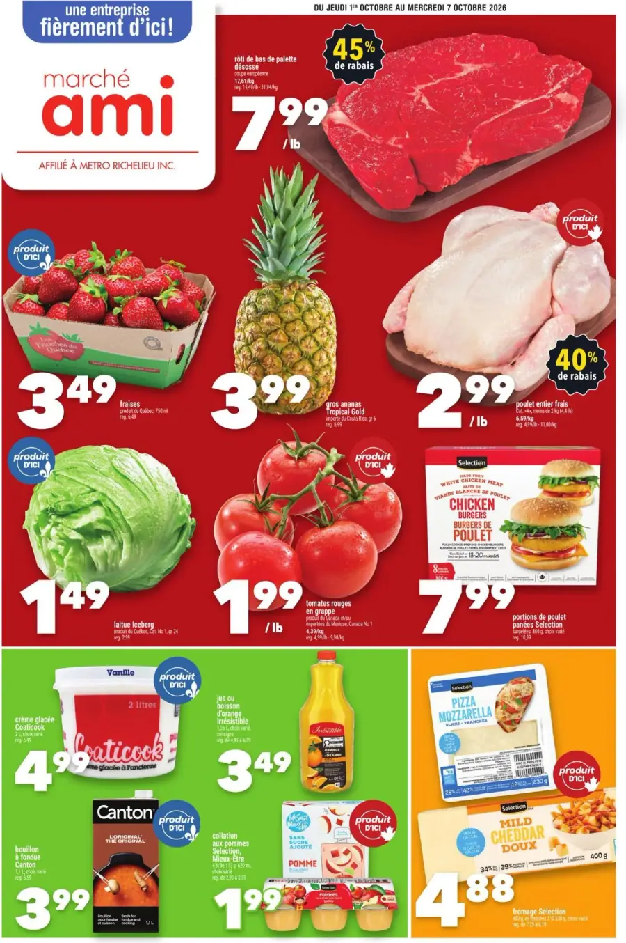 La page de couverture de la circulaire Marché Ami présente une ambiance dynamique et colorée, mettant en avant des produits frais et variés. On y trouve des fruits comme des fraises et des ananas, ainsi que des légumes tels que la laitue et des tomates. Les promotions incluent des réductions significatives sur la viande, avec un rôti à 45 % de rabais, et des offres sur des produits laitiers et des collations. Les visuels attirants soulignent la qualité des produits locaux.