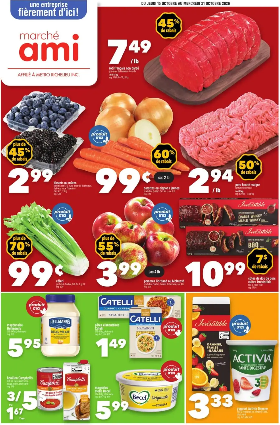La page de couverture de la circulaire Marché Ami présente une ambiance dynamique et colorée, mettant en avant des produits frais et variés. On y trouve des viandes, des fruits et légumes, ainsi que des produits laitiers. Parmi les promotions visibles, on note des rabais importants sur le rôti français, les bleuets, les carottes, et les pommes. Les produits locaux sont également mis en avant, soulignant l'engagement envers des produits de qualité.
