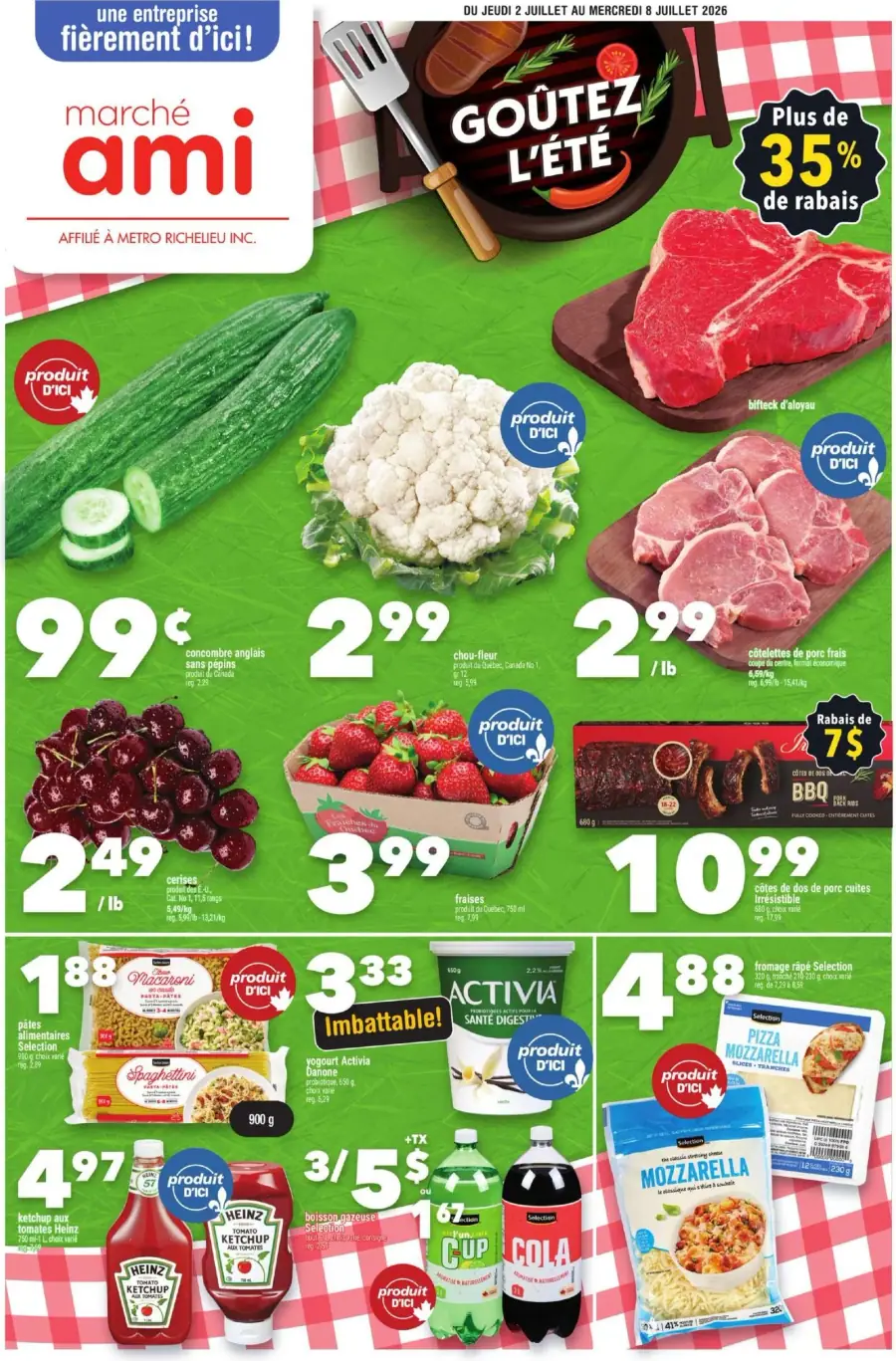 La page de couverture de la circulaire du Marché Ami présente une ambiance estivale, avec des couleurs vives et des produits frais en vedette. Les catégories mises en avant incluent les fruits et légumes, la viande, les produits laitiers et les pâtes. On y trouve des concombres, du chou-fleur, des cerises, des fraises, ainsi que des côtes de porc et du fromage. Les promotions notables incluent des rabais sur divers produits locaux, soulignant l'importance des produits d'ici.
