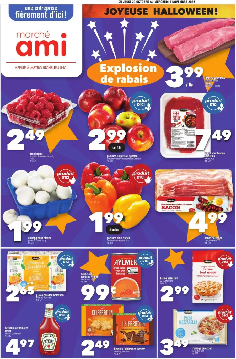 La page de couverture de la circulaire Marché Ami présente une ambiance festive pour Halloween, avec un fond violet et des étoiles blanches. Les catégories de produits mises en avant incluent les fruits, les légumes, les viandes, et les produits laitiers. Parmi les promotions visibles, on trouve des framboises à 2,49 $, des pommes Empire ou Spartan à 2,99 $ pour un sac de 3 lb, ainsi que du bacon à 4,99 $. Des produits locaux sont également signalés par le label "produit d'ici".
