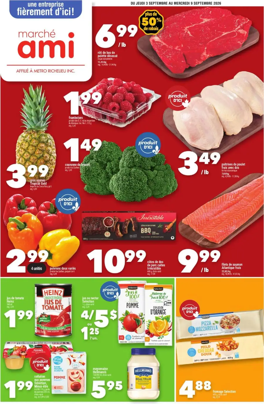 La page de couverture de la circulaire Marché Ami présente une ambiance colorée et dynamique, mettant en avant une variété de produits frais. On y trouve des fruits comme des framboises et des ananas, ainsi que des légumes tels que le brocoli et des poivrons variés. Les viandes, comme le rôti de bas de palette et le saumon, sont également mises en avant. Les promotions incluent des réductions sur les jus de tomate et des offres sur des produits d’ici, créant un attrait pour les consommateurs.